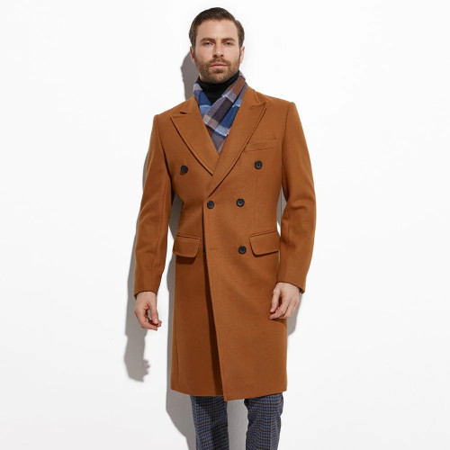 Winter Caramel Color Topcoat Custom Made Heavy Warm Wool Blend Tailored Slim Dark Brown Trench Coat