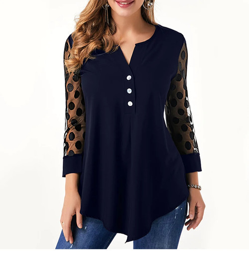 Asymmetric Hem Button V Neck Blouse Women 4XL 5XL Plus Size Tunic Tops Spring Polka Dot 3/4 Sleeve Women Shirts Blouses