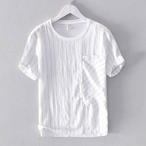 Men's linen stitching striped short-sleeved t-shirt solid summer white t shirt men tops tshirt male