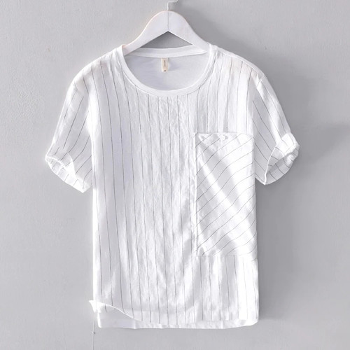 Men's linen stitching striped short-sleeved t-shirt solid summer white t shirt men tops tshirt male