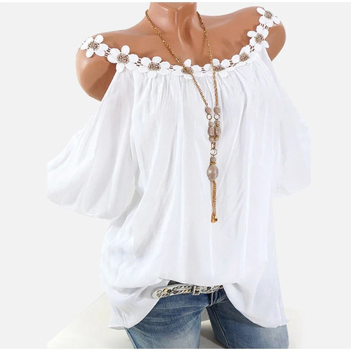 Women's Lace Blouse Top Off Shoulder White Pink O-neck Short Sleeve Female Blouses Summer Loose Tunic Tops Woman