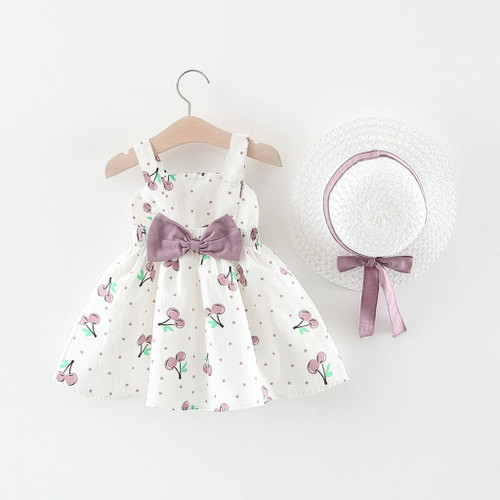 2PCS Newborn Baby Dress Toddler Girls Summer Tutu Dress Kids Print Cherry Dot Princess Dresses + Sundress Hats Clothes