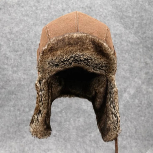 Vintage Suede Bomber Hats Winter Russian Hat Faux Rabbit Fur Trapper Hat Pilot Aviator Snow Ski Caps
