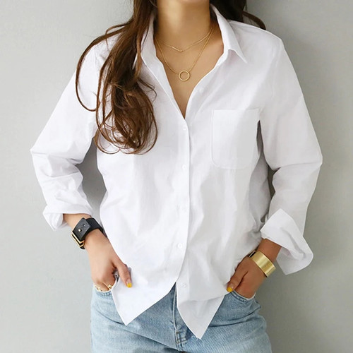 Spring One Pocket Women White Shirt Female Blouse Tops Long Sleeve Casual Turn-down Collar Style Women Loose Blouses