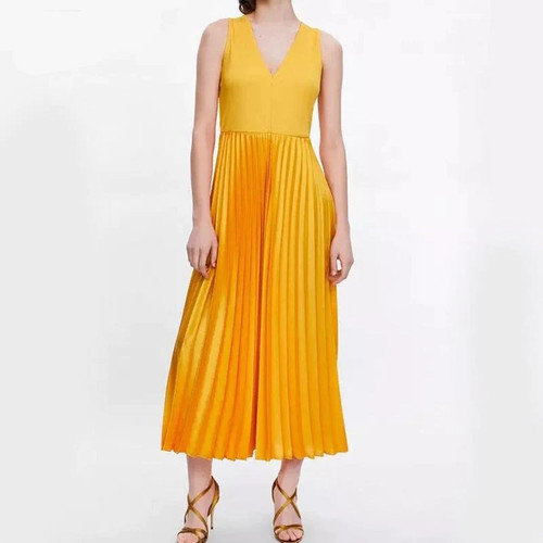 Summer New Sexy Pleated Tank Maxi Dress For Women V-Neck Sleeveless Yellow Party Dress High waist Women's Beach Dresses
