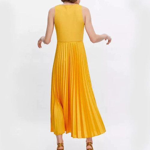 Summer New Sexy Pleated Tank Maxi Dress For Women V-Neck Sleeveless Yellow Party Dress High waist Women's Beach Dresses