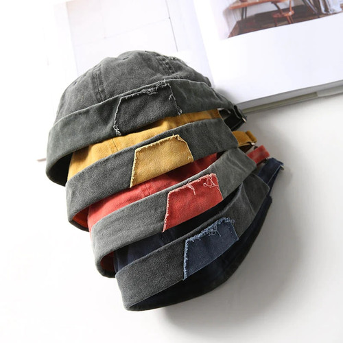 Washed Cotton Men Women Skullcap Hat Cap Casual Docker Sailor Mechanic Brimless Solid Color Gorro Pumpkin Navy Beanies