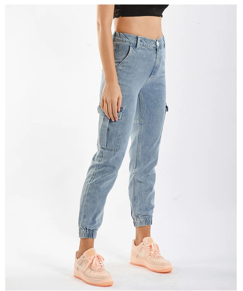 High Waist Side Pocket Jeans Woman Spring Autumn Harem Denim Pants Safari Style Boyfriend Jeans