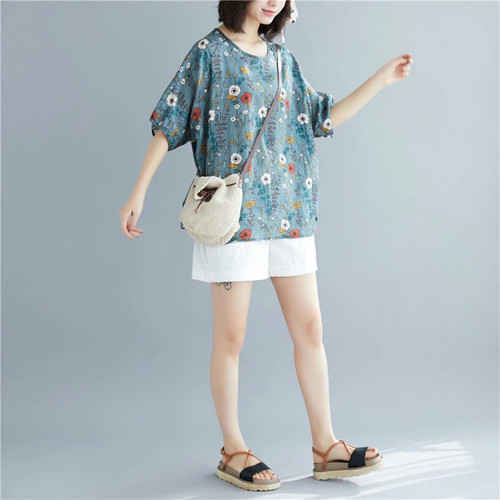 Floral T Shirt Cotton Linen Womens Tops Print T-shirt Women Loose Casual Tee Top Tshirt New Summer