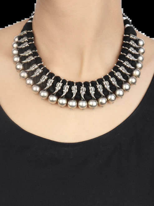 Black Thread Tribal Silver Choker-1