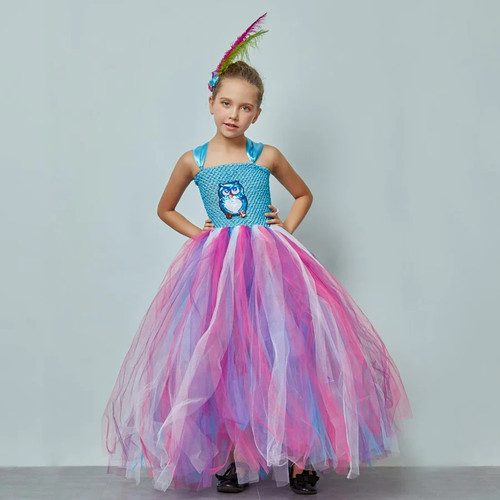 Fluffy Girls Blue Owl Gown Tutu Dress With Feather Hair Clip Children Birthday Party Pageant Animal Costume Kids Photo Dress