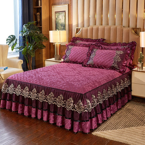 Lace Velvet Bed Skirt Queen Full King Cover with Surface Quilted Bedspread with Elastic Band Soft Warm European 3-Piece
