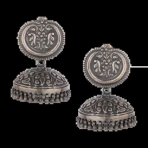 Tribal Silver Jhumkas With Chitari Work