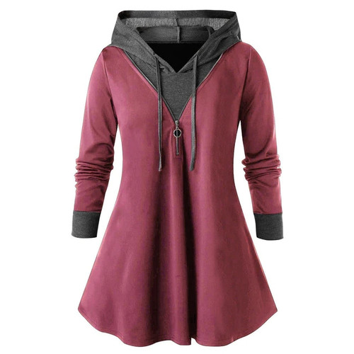 Women Hooded Drawstring Zipper Shirts Loose Color Block Splicing Blouse and Top