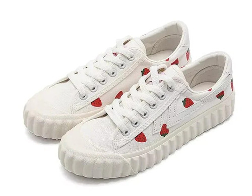 Women Flatts Strawberry Printed Sweet Girls Shoes Causal Lace Up White Shoes Canvas 35-40 Plus Size