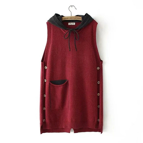 Autumn Pocket Button Casual Knitted Vest Women Sweater Winter Warm Hooded Loose Waistcoat Sleeveless Jacket Outerwear 4XL