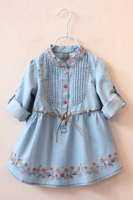 spring Autumn 3-12 Ages Kids Embroidery Flower Long And Short Sleeve Double Use Denim Blue Elegant Dress For Girl With Belt
