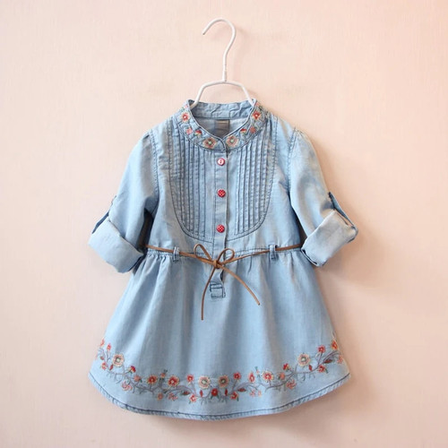 spring Autumn 3-12 Ages Kids Embroidery Flower Long And Short Sleeve Double Use Denim Blue Elegant Dress For Girl With Belt