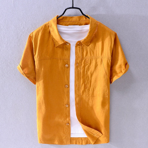 100% Linen new design summer shirt men brand causal yellow shirt mens solid breathable shirts male