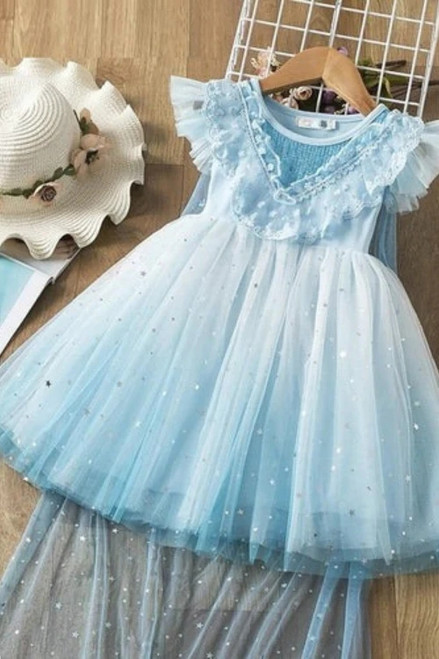 Girl Starry Sky Dress Sequins Lace Blue Sundress Sleeveless Princess Dress Clock can Remove Baby Clothes