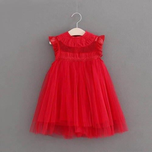 Summer Girl Princess Dress Flare Sleeve Lace Tulle Sundress For Wedding Party Children Clothing