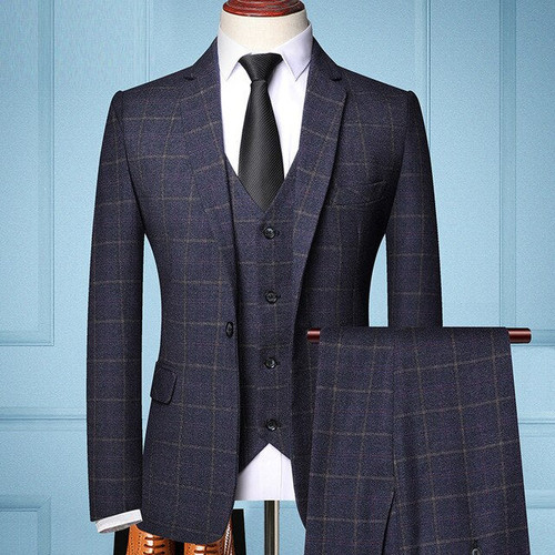 Three-piece Male Formal Business Plaids Suit for Men's Boutique Plaid Wedding Dress Suit ( Jacket + Vest + Pants )