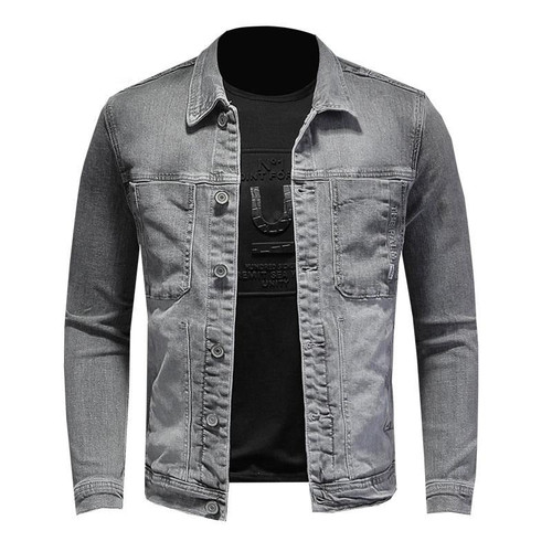 Spring Bomber Light Grey Denim Jacket Men Jean Coats Motorcycle Cotton Turndown Collar Slim Casual Long Sleeve Outwear Clothing