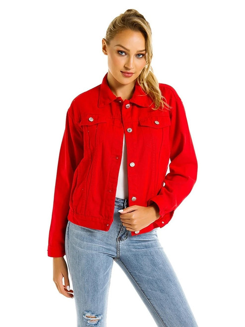 Red Single Breasted Button Front Denim Jacket Coat Women Autumn winter Streetwear Pocket Casual Loose Outwear For Ladies