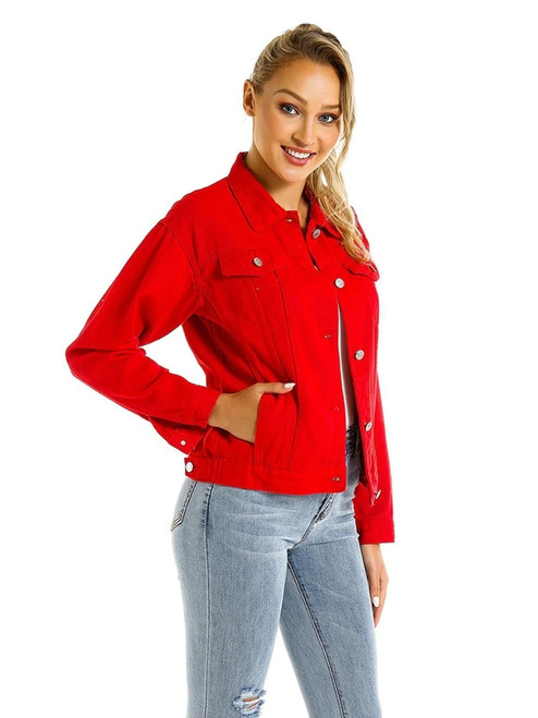 Red Single Breasted Button Front Denim Jacket Coat Women Autumn winter Streetwear Pocket Casual Loose Outwear For Ladies