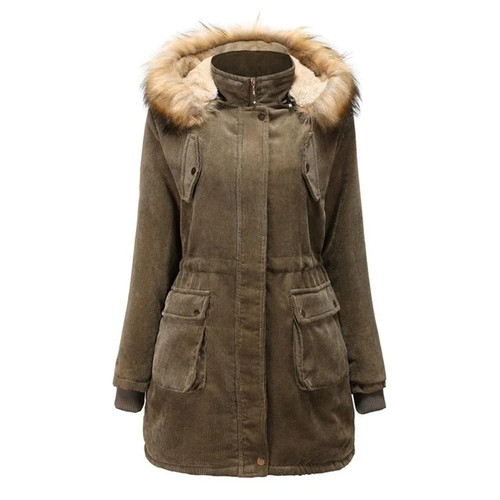 Women Blend Coat Cashmere Corduroy Overcoats with Caps Ladies Winter Quilted Coat Thicker Thermal Coats Fur Parkas