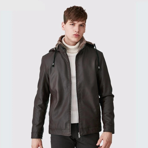 Mens Leather Jackets Winter Warm Coats Plus Thick Outerwear Biker Motorcycle Male Classic Hooded Faux Jacket Windproof