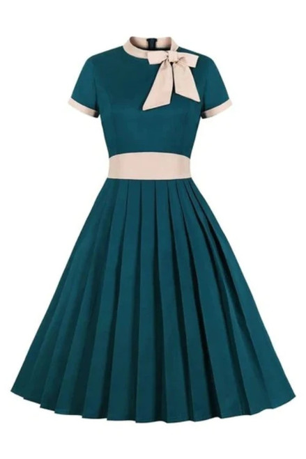 Elegant Turquoise Bow Tie Neck Pleated Party Midi Dress 50s Women Cotton Vintage High Waist Pocket Swing Dresses Plus Size
