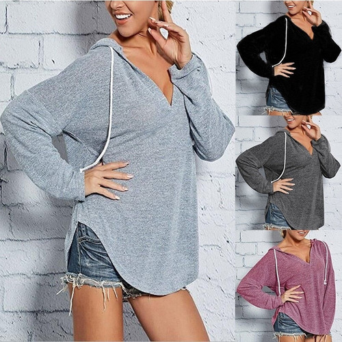 Women Long Sleeve T Shirt Hooded Pullover Hoodies Female Winter Autumn Loose Tops Sexy Solid V Neck Hoody Clothes