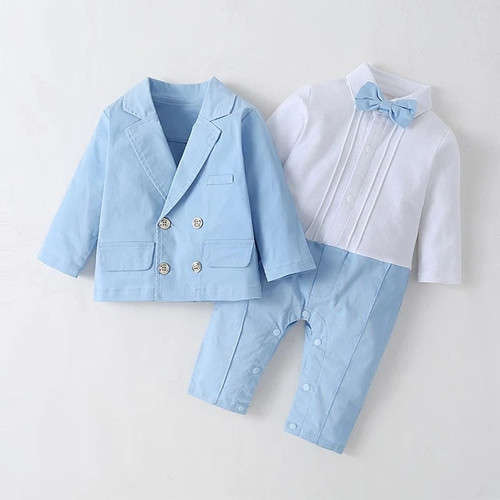 Baby Clothes Formal Boys Rompers Suit for Newborn Sky Blue Sets Spring Autumn Suit Jacket + Romper Jumpsuit Infant Outfit