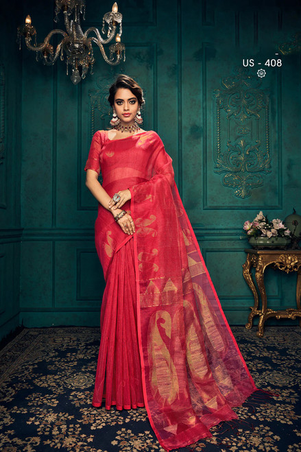 Linen Hand Woven Mango Design Saree for Women with Unstitched Blouse.-1