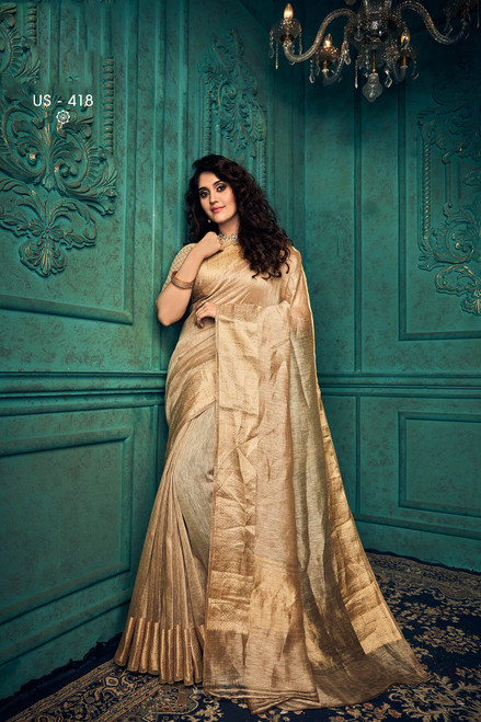 Linen Hand Woven Golden Zari Border Golden Colour Saree for Women with Unstitched Blouse. Linen Hand Woven Golden Zari Border Golden Colour Saree for Women with Unstitched Blouse.