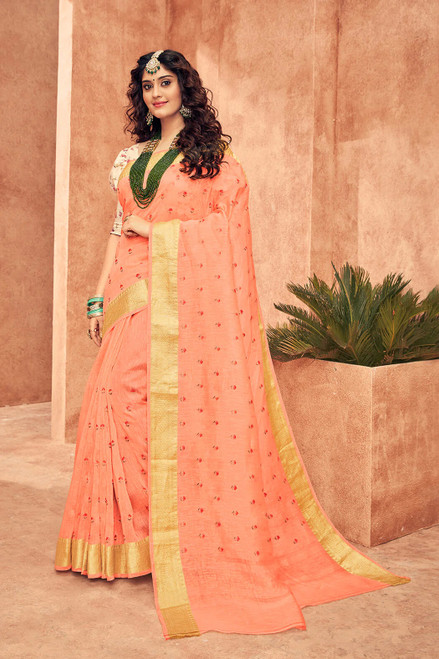 Designer Linen Saree with Golden Brocade Border with Floral Motifs ,Peach Color