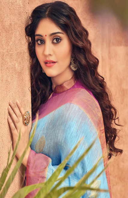 Linen Hand Woven Saree for Women with Contrast Border and Unstitched Blouse.