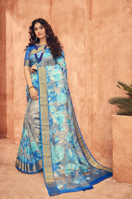 Digital Print Linen Saree with Elegant Floral Design and Zari Border, Gray Color