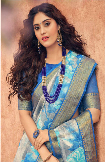 Digital Print Linen Saree with Elegant Floral Design and Zari Border, Gray Color