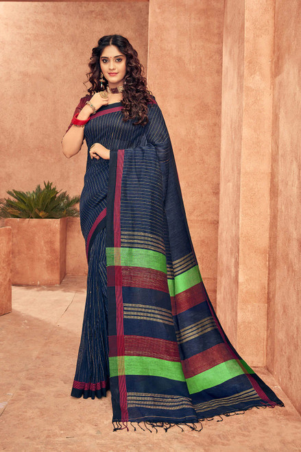 Designer Linen Saree with Golden Zari Stripes with Knotted Tassel Pallu.
