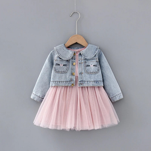 Spring Baby Girl Cute Dress  Cowboy Mesh Dress+Denim coat 2pcs sets Children Sweet Princess Dress suit Kids baby girl cloths