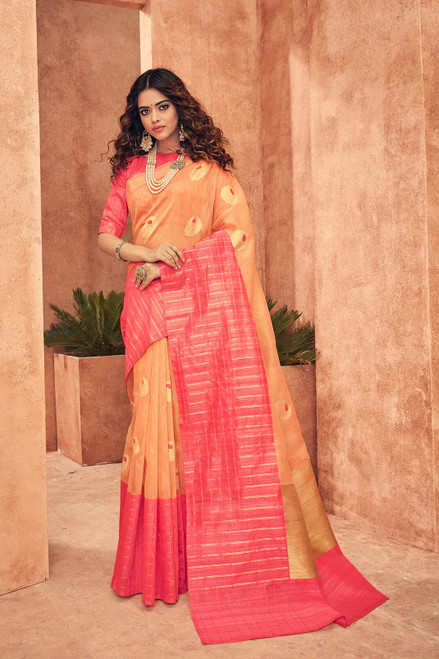 Linen Hand Woven Saree for Women with Big Floral Motifs and Unstitched Blouse.
