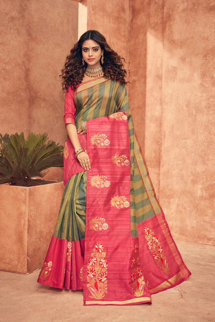 Linen Hand Woven Big Border Multi Coloured Saree for Women wit Unstitched Blouse.