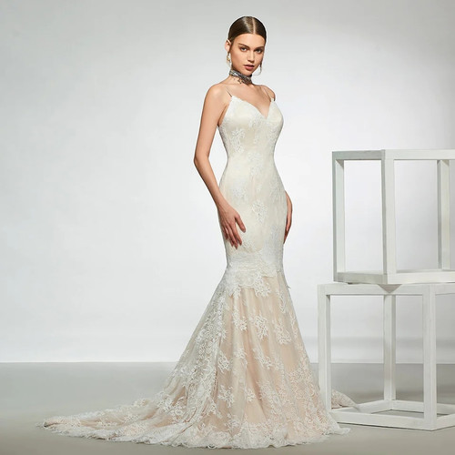 Dressv elegant sample spaghetti straps trumpet wedding dress sleeveless lace floor length simple bridal gowns wedding dress