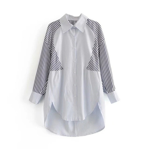 Womens Striped Patchwork Blouse Cotton Full Sleeve Street Style Loose Long Shirts Autumn Spring Stylish Tops