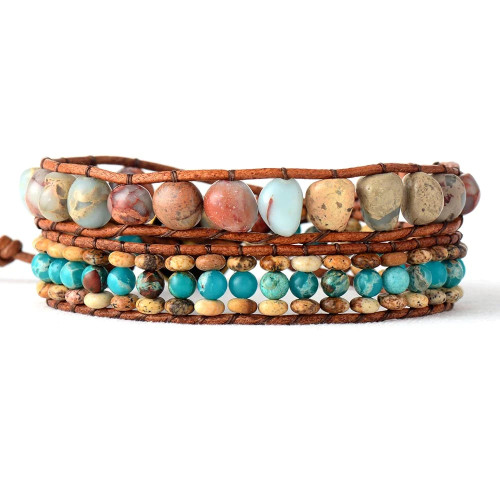 Unique Wrap Bracelet Natural Stones 2 Strands Leather Rope Bracelet Unisex Beads Bracelet Lovers Gifts Jewelry