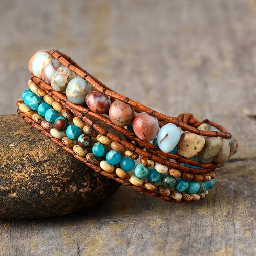 Unique Wrap Bracelet Natural Stones 2 Strands Leather Rope Bracelet Unisex Beads Bracelet Lovers Gifts Jewelry