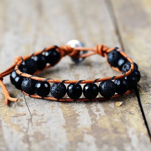 Men Leather Bracelet 8MM Lava Stone Onyx Leather Wrap Bracelets Vintage Weaving Bead Bracelet Handmade Men Punk Bracelet