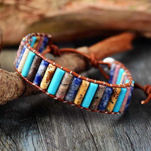 Unique Boho Tube Shape Natural Stones Single Leather Wrap Bracelets Handmade Bohemian Weaving Bracelet Leather Jewelry